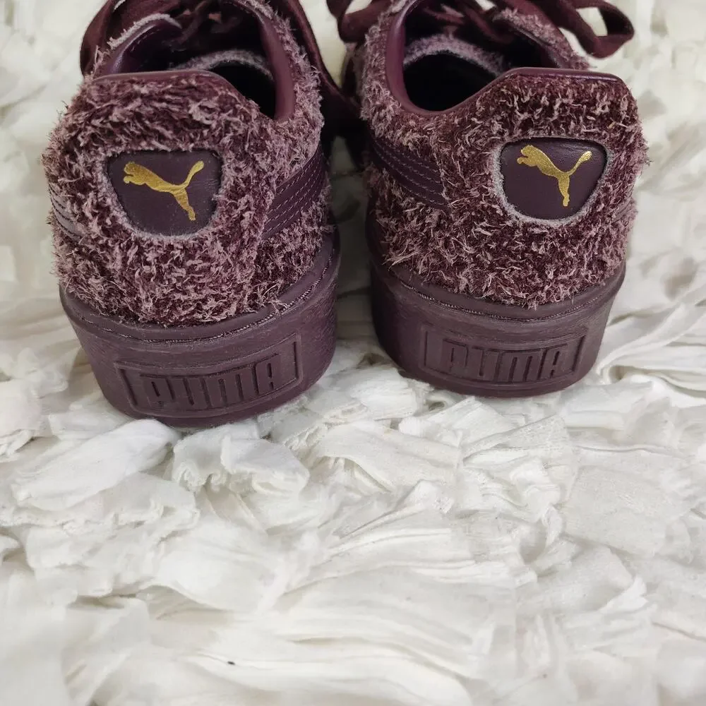 Puma Platform Shoes Womens Size 8 Purple Fuzzy Leather Low Top Sneakers